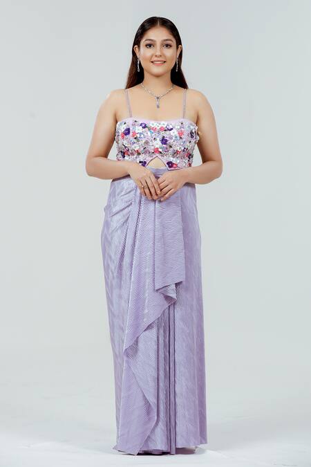 Ellemora Fashions_Purple Silk, Satin Sequins, Stones Bandeau Neck lavender Pleated Skirt Set _Online_at_Aza_Fashions