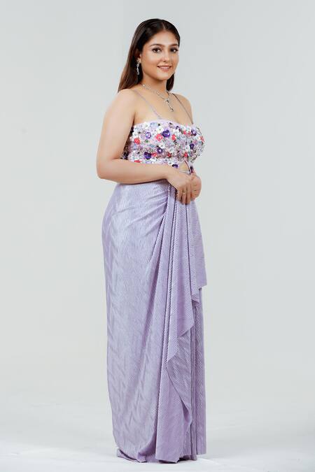 Buy_Ellemora Fashions_Purple Silk, Satin Sequins, Stones Bandeau Neck lavender Pleated Skirt Set _Online_at_Aza_Fashions