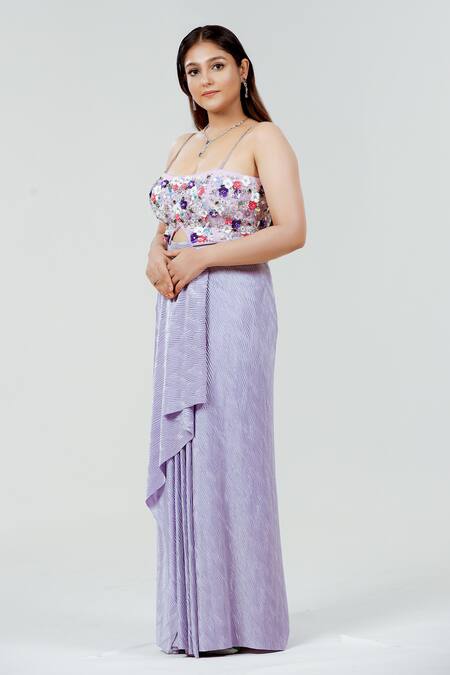 Shop_Ellemora Fashions_Purple Silk, Satin Sequins, Stones Bandeau Neck lavender Pleated Skirt Set _Online_at_Aza_Fashions