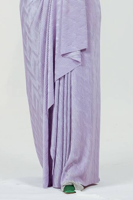 Ellemora Fashions_Purple Silk, Satin Sequins, Stones Bandeau Neck lavender Pleated Skirt Set _at_Aza_Fashions