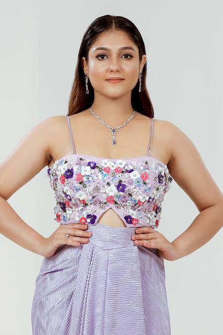 Buy_Ellemora Fashions_Purple Silk, Satin Sequins, Stones Bandeau Neck lavender Pleated Skirt Set 