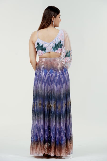 Shop_Ellemora Fashions_Purple Organza, Net Embroidery, Sequins V-neck Hand Blouse And Palazzo Set _at_Aza_Fashions