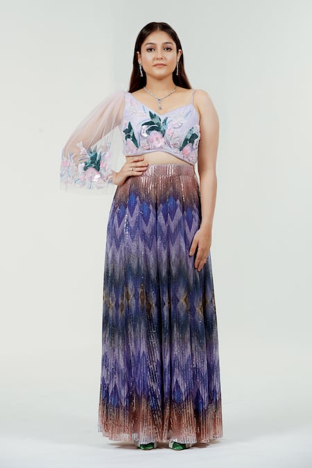 Ellemora Fashions_Purple Organza, Net Embroidery, Sequins V-neck Hand Blouse And Palazzo Set _Online_at_Aza_Fashions