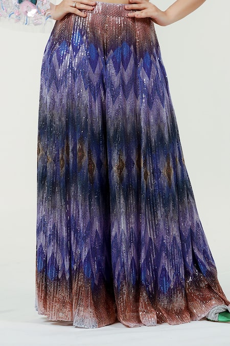 Buy_Ellemora Fashions_Purple Organza, Net Embroidery, Sequins V-neck Hand Blouse And Palazzo Set _Online_at_Aza_Fashions