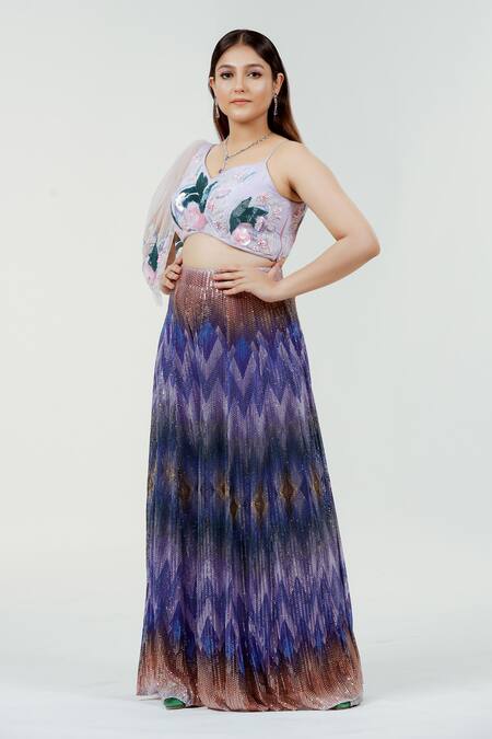 Shop_Ellemora Fashions_Purple Organza, Net Embroidery, Sequins V-neck Hand Blouse And Palazzo Set _Online_at_Aza_Fashions