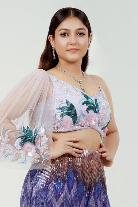 Buy_Ellemora Fashions_Purple Organza, Net Embroidery, Sequins V-neck Hand Blouse And Palazzo Set 