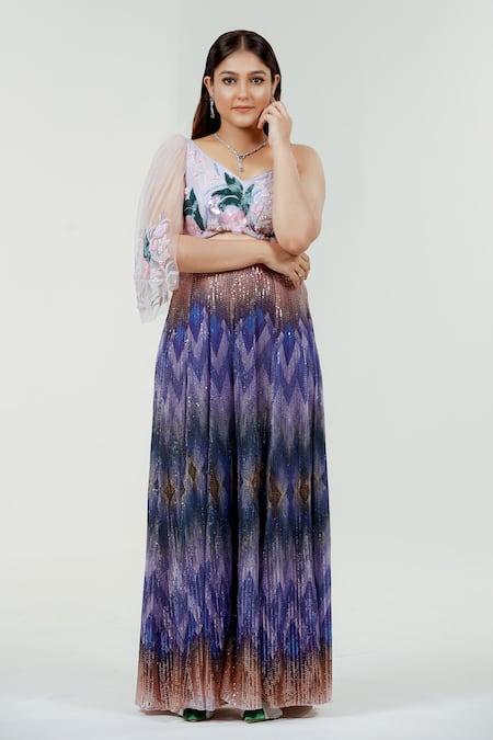 Shop_Ellemora Fashions_Purple Organza, Net Embroidery, Sequins V-neck Hand Blouse And Palazzo Set 