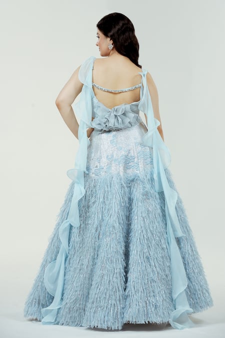 Shop_Ellemora Fashions_Blue Nylon, Organza Fabric Flowers V-neck Fur Embellished Lehenga Set _at_Aza_Fashions