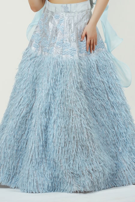 Ellemora Fashions_Blue Nylon, Organza Fabric Flowers V-neck Fur Embellished Lehenga Set _Online_at_Aza_Fashions