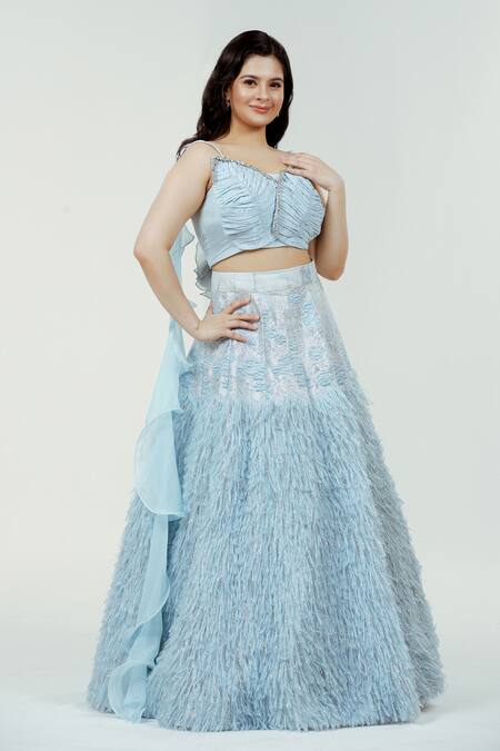 Buy_Ellemora Fashions_Blue Nylon, Organza Fabric Flowers V-neck Fur Embellished Lehenga Set _Online_at_Aza_Fashions