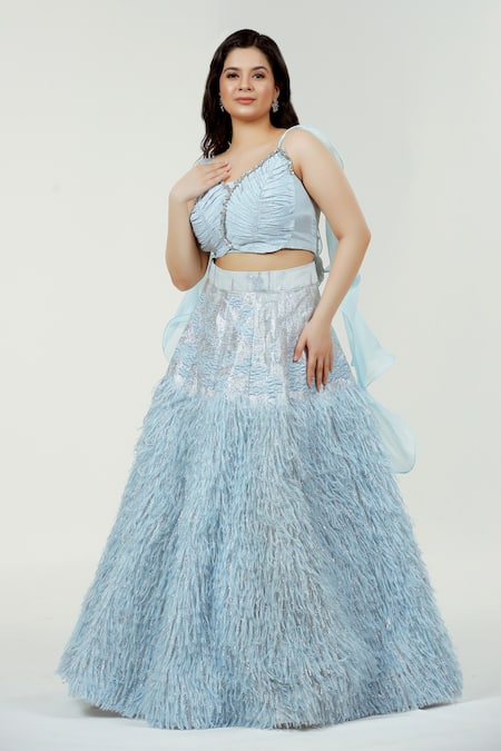 Shop_Ellemora Fashions_Blue Nylon, Organza Fabric Flowers V-neck Fur Embellished Lehenga Set _Online_at_Aza_Fashions