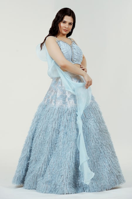 Ellemora Fashions_Blue Nylon, Organza Fabric Flowers V-neck Fur Embellished Lehenga Set _at_Aza_Fashions