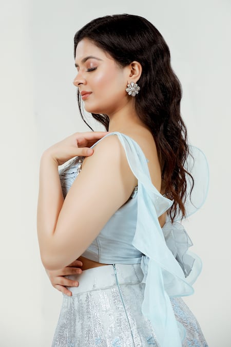 Shop_Ellemora Fashions_Blue Nylon, Organza Fabric Flowers V-neck Fur Embellished Lehenga Set 