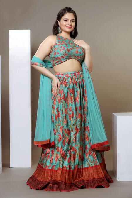 Shop Ellemora Fashions Blue Bamboo, Net Sequins, Embroidery Halter Neck Floral Print Blouse Lehenga Set at Aza Fashions Shop_Ellemora Fashions_Blue Bamboo, Net Sequins, Embroidery Halter Neck Floral Print Blouse Lehenga Set_at_Aza_Fashions