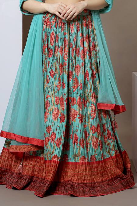 Buy Ellemora Fashions Blue Bamboo, Net Sequins, Embroidery Halter Neck Floral Print Blouse Lehenga Set Online at Aza Fashions Buy_Ellemora Fashions_Blue Bamboo, Net Sequins, Embroidery Halter Neck Floral Print Blouse Lehenga Set_Online_at_Aza_Fashions