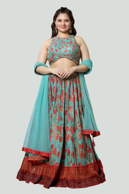 Shop Ellemora Fashions Blue Bamboo, Net Sequins, Embroidery Halter Neck Floral Print Blouse Lehenga Set Online at Aza Fashions Shop_Ellemora Fashions_Blue Bamboo, Net Sequins, Embroidery Halter Neck Floral Print Blouse Lehenga Set_Online_at_Aza_Fashions