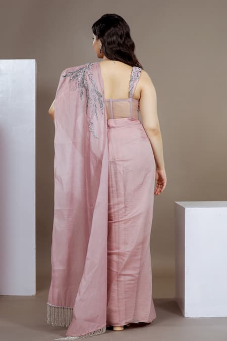 Shop Ellemora Fashions Pink Organza, Tissue Beads Sweetheart Pre-draped Skirt Saree With Corset Blouse at Aza Fashions Shop_Ellemora Fashions_Pink Organza, Tissue Beads Sweetheart Pre-draped Skirt Saree With Corset Blouse _at_Aza_Fashions