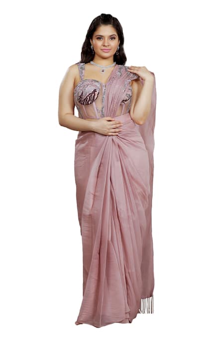 Buy Ellemora Fashions Pink Organza, Tissue Beads Sweetheart Pre-draped Skirt Saree With Corset Blouse Online at Aza Fashions Buy_Ellemora Fashions_Pink Organza, Tissue Beads Sweetheart Pre-draped Skirt Saree With Corset Blouse _Online_at_Aza_Fashions