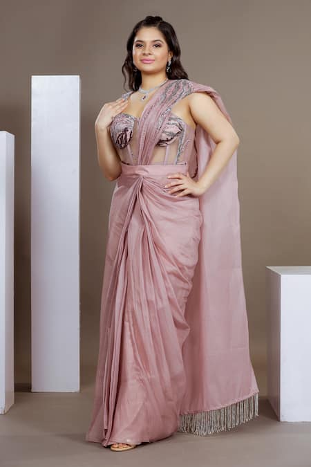 Ellemora Fashions Pink Organza, Tissue Beads Sweetheart Pre-draped Skirt Saree With Corset Blouse at Aza Fashions Ellemora Fashions_Pink Organza, Tissue Beads Sweetheart Pre-draped Skirt Saree With Corset Blouse _at_Aza_Fashions