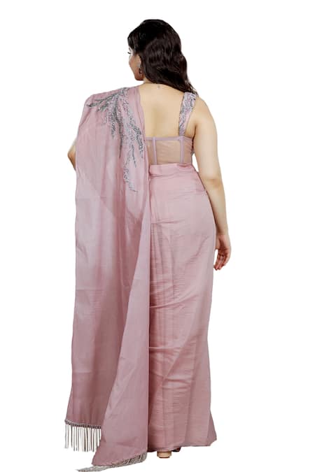 Buy Ellemora Fashions Pink Organza, Tissue Beads Sweetheart Pre-draped Skirt Saree With Corset Blouse Buy_Ellemora Fashions_Pink Organza, Tissue Beads Sweetheart Pre-draped Skirt Saree With Corset Blouse