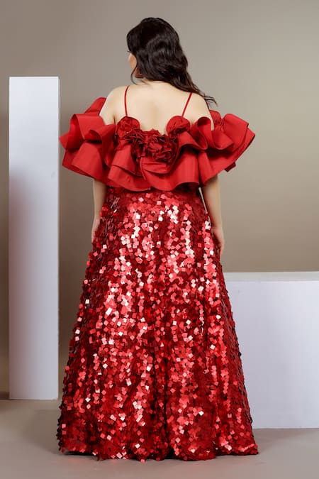 Shop Ellemora Fashions Red Net, Nylon, Organza Sequins Square Embellished Lehenga With Ruffled Blouse at Aza Fashions Shop_Ellemora Fashions_Red Net, Nylon, Organza Sequins Square Embellished Lehenga With Ruffled Blouse _at_Aza_Fashions