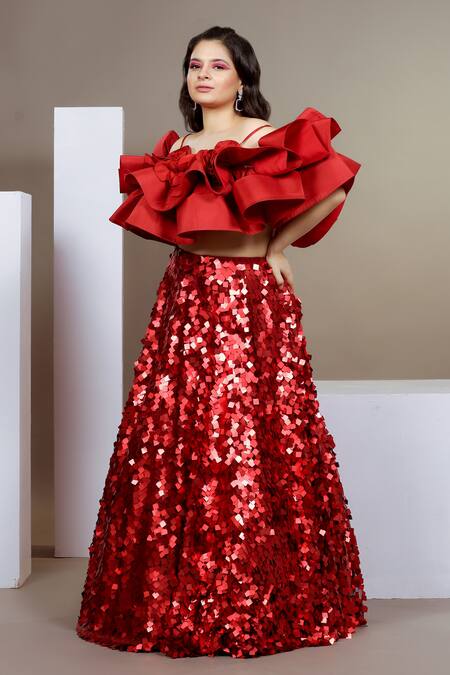 Buy Ellemora Fashions Red Net, Nylon, Organza Sequins Square Embellished Lehenga With Ruffled Blouse Online at Aza Fashions Buy_Ellemora Fashions_Red Net, Nylon, Organza Sequins Square Embellished Lehenga With Ruffled Blouse _Online_at_Aza_Fashions