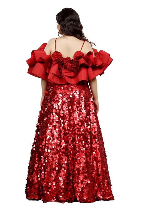 Shop Ellemora Fashions Red Net, Nylon, Organza Sequins Square Embellished Lehenga With Ruffled Blouse Online at Aza Fashions Shop_Ellemora Fashions_Red Net, Nylon, Organza Sequins Square Embellished Lehenga With Ruffled Blouse _Online_at_Aza_Fashions