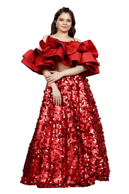 Buy Ellemora Fashions Red Net, Nylon, Organza Sequins Square Embellished Lehenga With Ruffled Blouse Buy_Ellemora Fashions_Red Net, Nylon, Organza Sequins Square Embellished Lehenga With Ruffled Blouse