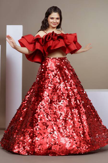 Shop Ellemora Fashions Red Net, Nylon, Organza Sequins Square Embellished Lehenga With Ruffled Blouse Shop_Ellemora Fashions_Red Net, Nylon, Organza Sequins Square Embellished Lehenga With Ruffled Blouse