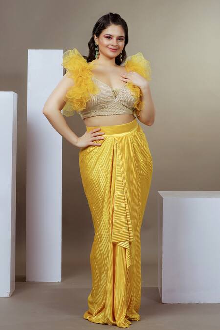 Ellemora Fashions_Yellow Satin Stones V-neck Sunshine Embellished Blouse And Skirt Set _Online_at_Aza_Fashions