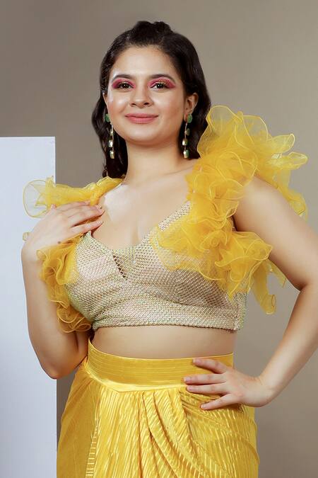 Shop_Ellemora Fashions_Yellow Satin Stones V-neck Sunshine Embellished Blouse And Skirt Set _Online_at_Aza_Fashions