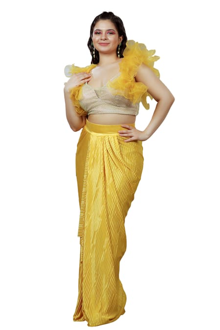 Ellemora Fashions_Yellow Satin Stones V-neck Sunshine Embellished Blouse And Skirt Set _at_Aza_Fashions
