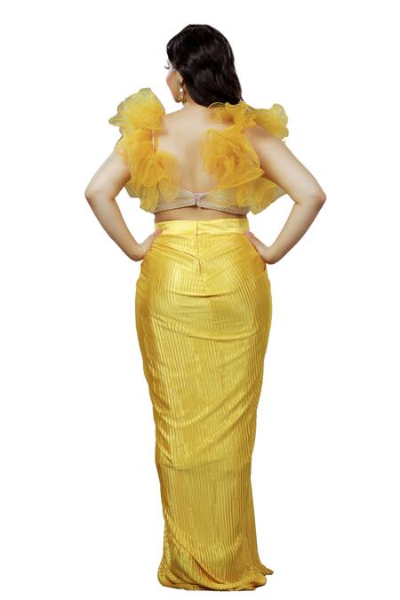 Buy_Ellemora Fashions_Yellow Satin Stones V-neck Sunshine Embellished Blouse And Skirt Set 