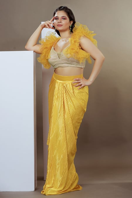 Shop_Ellemora Fashions_Yellow Satin Stones V-neck Sunshine Embellished Blouse And Skirt Set 