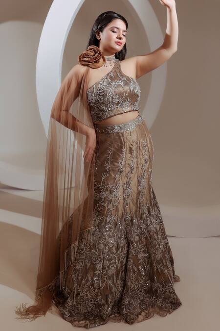 Ellemora Fashions Gold Net Sequins, Cut Work One Shoulder Embroidered Fishcut Lehenga Set Online at Aza Fashions Ellemora Fashions_Gold Net Sequins, Cut Work One Shoulder Embroidered Fishcut Lehenga Set_Online_at_Aza_Fashions