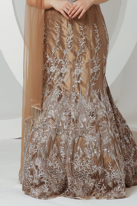 Buy Ellemora Fashions Gold Net Sequins, Cut Work One Shoulder Embroidered Fishcut Lehenga Set Online at Aza Fashions Buy_Ellemora Fashions_Gold Net Sequins, Cut Work One Shoulder Embroidered Fishcut Lehenga Set_Online_at_Aza_Fashions