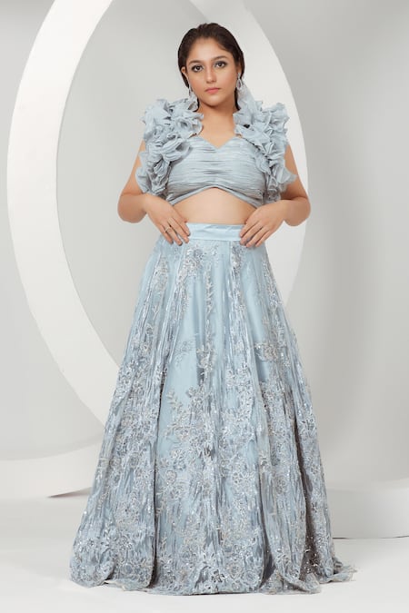 Ellemora fashions Blue Upada Embroidered Floral V Neck Lehenga With Frilled Blouse 