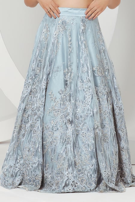 Ellemora Fashions_Blue Organza, Net, Silk Embroidery, Sequins V-neck Lehenga With Frilled Blouse _Online_at_Aza_Fashions