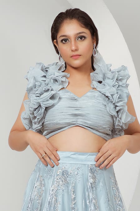Buy_Ellemora Fashions_Blue Organza, Net, Silk Embroidery, Sequins V-neck Lehenga With Frilled Blouse _Online_at_Aza_Fashions