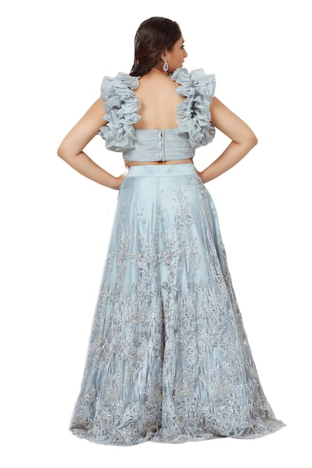 Ellemora Fashions_Blue Organza, Net, Silk Embroidery, Sequins V-neck Lehenga With Frilled Blouse _at_Aza_Fashions