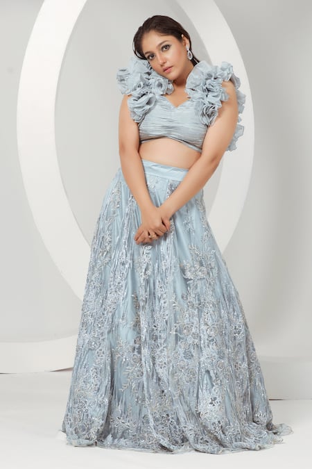 Buy_Ellemora Fashions_Blue Organza, Net, Silk Embroidery, Sequins V-neck Lehenga With Frilled Blouse 