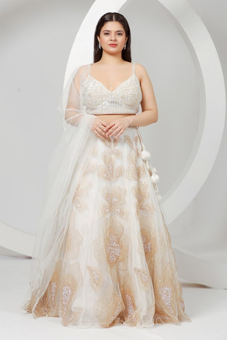 Ellemora Fashions_Ivory Organza, Net, Wool Sequins, Embroidery V-neck Blouse Lehenga Set _Online_at_Aza_Fashions
