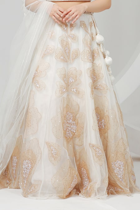 Buy_Ellemora Fashions_Ivory Organza, Net, Wool Sequins, Embroidery V-neck Blouse Lehenga Set _Online_at_Aza_Fashions