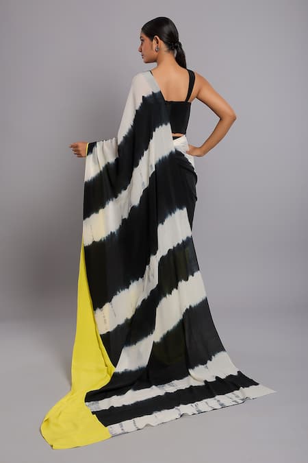 Ellemora Fashions Black Crepe Sequins, Tie Dye Stripe Pattern Pre-draped Saree With Corset Blouse Online at Aza Fashions Ellemora Fashions_Black Crepe Sequins, Tie Dye Stripe Pattern Pre-draped Saree With Corset Blouse _Online_at_Aza_Fashions