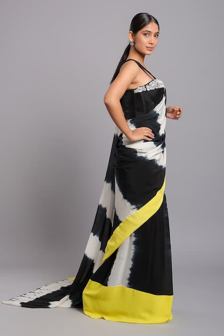 Shop Ellemora Fashions Black Crepe Sequins, Tie Dye Stripe Pattern Pre-draped Saree With Corset Blouse Online at Aza Fashions Shop_Ellemora Fashions_Black Crepe Sequins, Tie Dye Stripe Pattern Pre-draped Saree With Corset Blouse _Online_at_Aza_Fashions