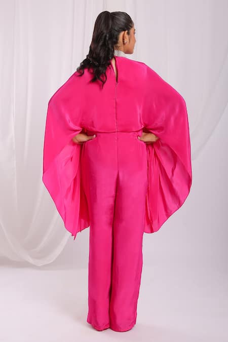 Ellemora Fashions_Pink Natural Crepe Embroidery Pearl Round High Neck Cape Jumpsuit _Online_at_Aza_Fashions