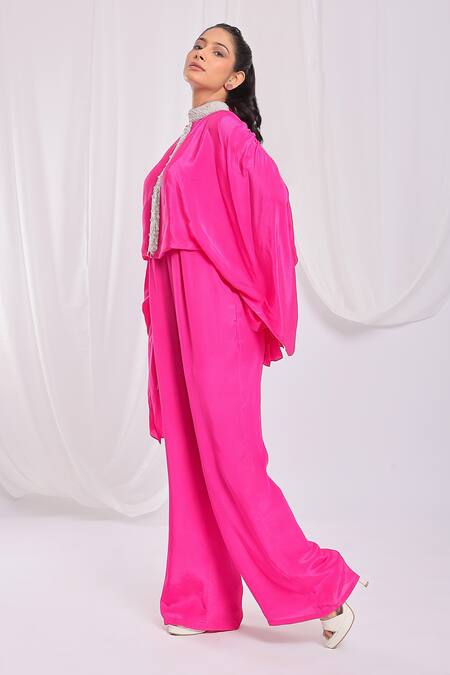 Buy_Ellemora Fashions_Pink Natural Crepe Embroidery Pearl Round High Neck Cape Jumpsuit _Online_at_Aza_Fashions