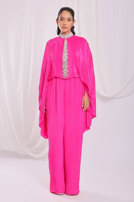 Shop_Ellemora Fashions_Pink Natural Crepe Embroidery Pearl Round High Neck Cape Jumpsuit _Online_at_Aza_Fashions