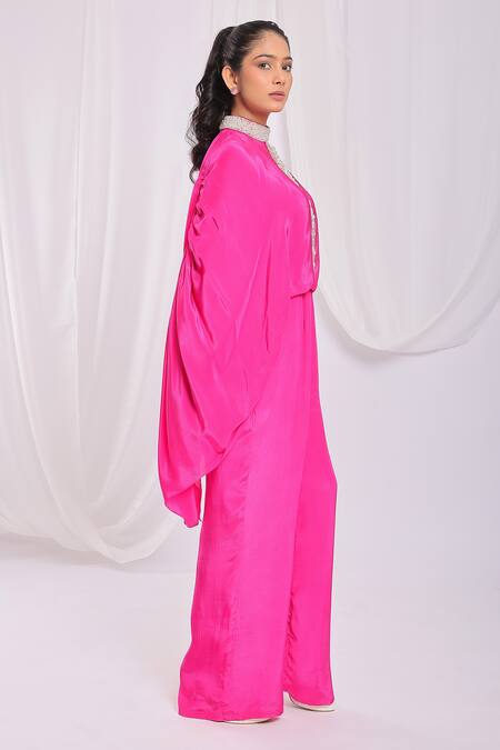 Ellemora Fashions_Pink Natural Crepe Embroidery Pearl Round High Neck Cape Jumpsuit _at_Aza_Fashions