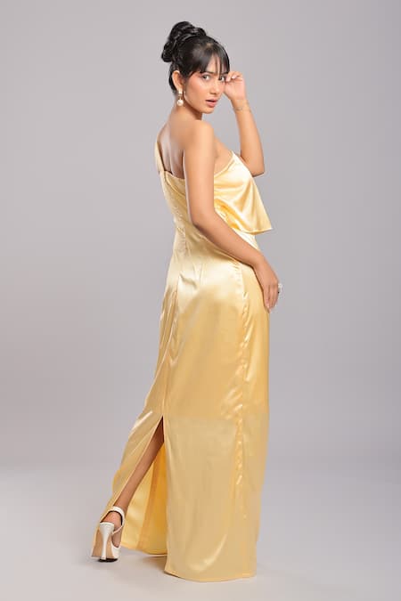 Shop Ellemora Fashions Yellow Satin Plain Asymmetric Ruffle Layered Dress at Aza Fashions Shop_Ellemora Fashions_Yellow Satin Plain Asymmetric Ruffle Layered Dress _at_Aza_Fashions